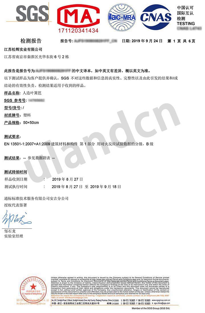 仿真植物防火等級(jí)B級(jí)